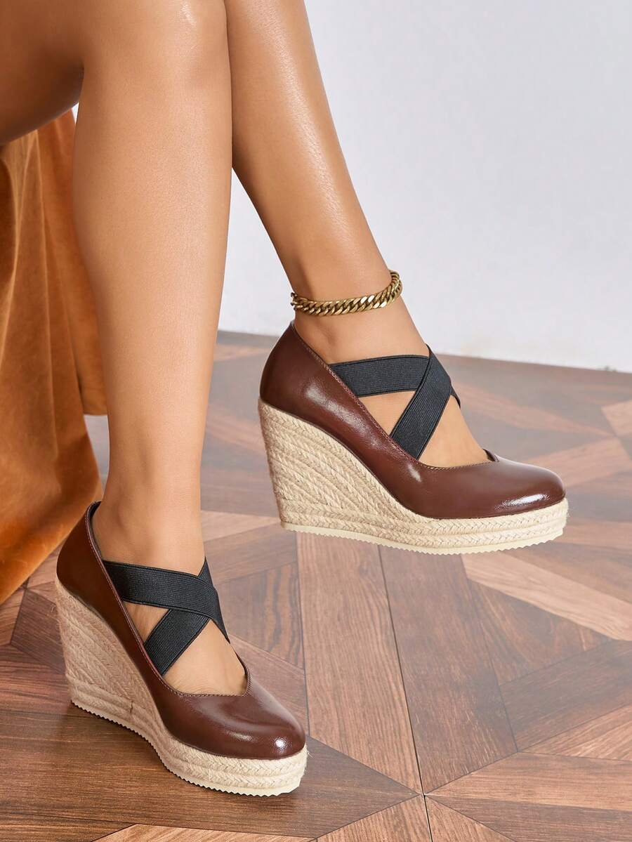 Women's Platform Wedge Shoes, Retro Brown Round Toe Jute Wedge High Heels, Elastic Strap Slip-On Pumps - Brown - View 1