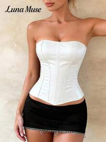 Áo corset nữ Luna Muse mùa xuân/hè kiểu dáng mới, khóa kéo, màu đen, kiểu dáng cổ điển màu đen, áo crop top dây ngắn gợi cảm, kiểu áo hai dây, thanh lịch, cao cấp, phù hợp cho mặc hàng ngày, dự tiệc, kỳ nghỉ, thường ngày, hẹn hò, dạo phố, biểu diễn, ngoài trời, đi học, phong cách punk, Lễ Tạ ơn, lễ hội âm nhạc, Ngày Valentine, tiệc năm mới, sự kiện. - trắng - Xem 3