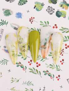 1pc 12 Designs Tropical Holiday Style Water Transfer Nail Stickers With Fern Leaf, Palm, Mango, Raspberry Patterns, Summer & Spring Nail Art Decals, DIY Nail Decoration For Women And Girls, Daily And Holiday - MultiWarna - View 4