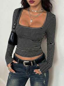 Women's Casual Stretchy Slim Fit Striped Patchwork Square Neck Long Sleeve T-Shirt, Suitable For Spring/Summer Daily Wear, Daily Apparel, Long Sleeve Top, Casual Daily, Holiday Vacation - Black and White - View 4