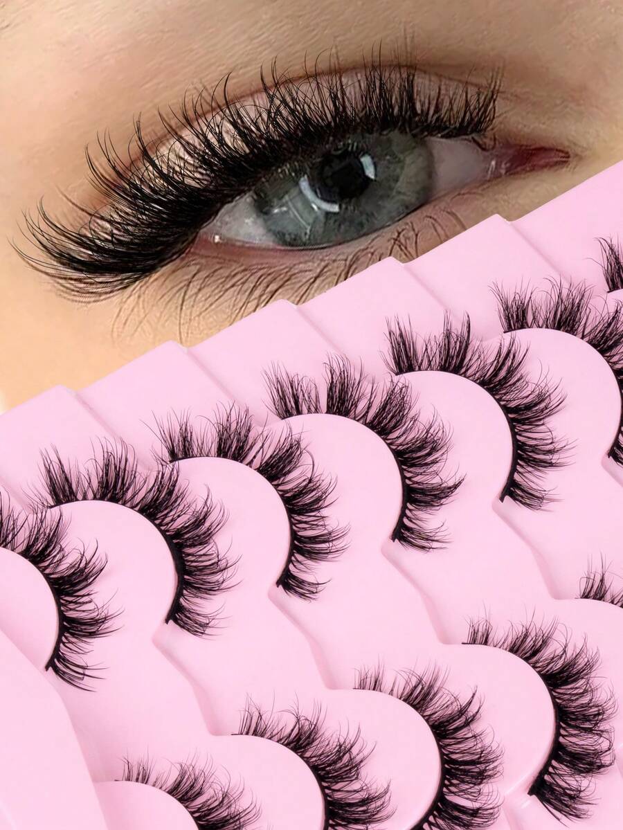 7 pares de pestañas postizas naturales y desordenadas de ojo de gato, crean efecto de maquillaje de ojo de gato, largas y delgadas, con aspecto suave y natural, pestañas postizas en tiras - Negro - Ver 1