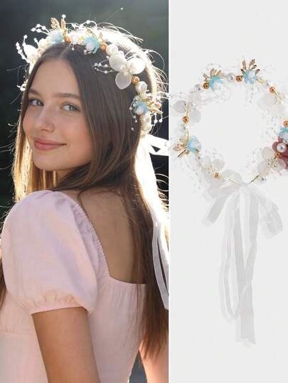 1pc Dreamy Blue Flower Crown Headpiece, Fairy-Like Headband Hair Accessory, Woodland Style Crown, Suitable For Daily Wear