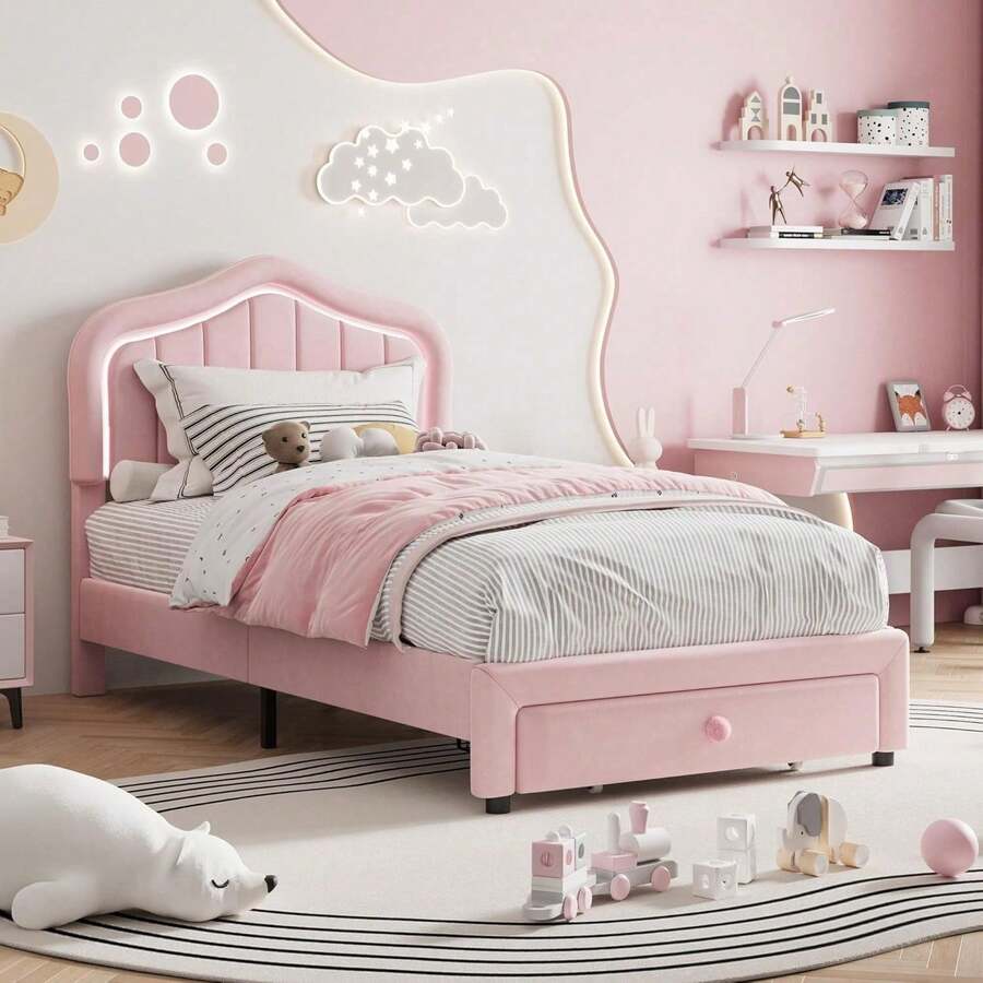 Marco de cama led tapizado doble con cajón de almacenamiento moderno para niños y niñas fácil montaje soporte de láminas de madera sin caja de resorte - Rosa - Ver 1