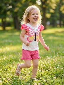 Conjunto con estampado de mariposa lindo, manga con volantes, shorts, ropa de verano para niñas, atuendo para adolescentes - Rosa - Ver 3