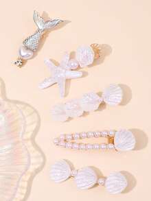5PCS Shell Hair Clips For Girls Shiny Starfish Alligator Clips Faux Pearl Decor Hair Barrettes With Mermaid Tail For Spring&Summer Holiday Vacation Outfits Nature Headdress Teens Hair Accessories - Multicolor - View 7