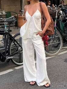 PoPoHouse Women's Elegant Cotton Two Pieces Set Sexy Backless Spaghetti Strap Cami Top & Loose Wide-Leg Pants Suit Summer Daily Casual Beach Vacation Party Going Out Outfit White Suit Women - White - View 3