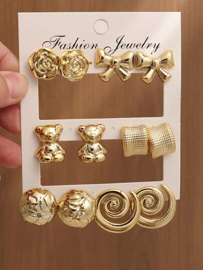 2-12pcs Fashionable Floral Wing & Geometric Metallic Earring Set, Women Elegant Earrings Suit For Daily Wear