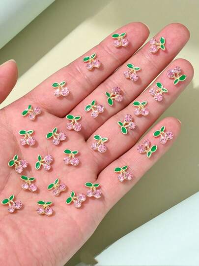 30件/套艺术装饰，春夏樱花设计，金属迷你樱桃美甲贴纸，Y2K风格美甲配件，3D日式优雅DIY装饰，短指甲心形美甲装饰，适合女性美甲用品，美甲饰品，美甲宝石