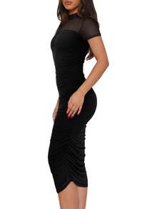 2026 Women's Summer Mesh Sheer Short Sleeve Mock Neck Ruched Bodycon Midi Elegant Evening Party Cocktail Dress - Short Black - View 3