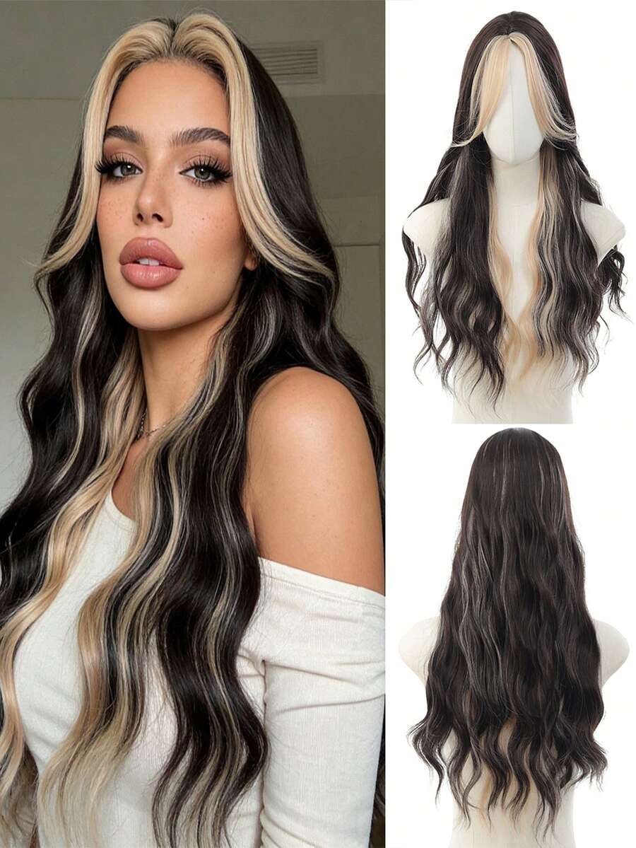 Tóc giả dài 28 inch, màu đen nâu điểm xuyết kim tuyến vàng, xoăn nhẹ, chất liệu tổng hợp chịu nhiệt, thích hợp cho sử dụng hàng ngày và dự tiệc. - Nhiều màu - Xem 1