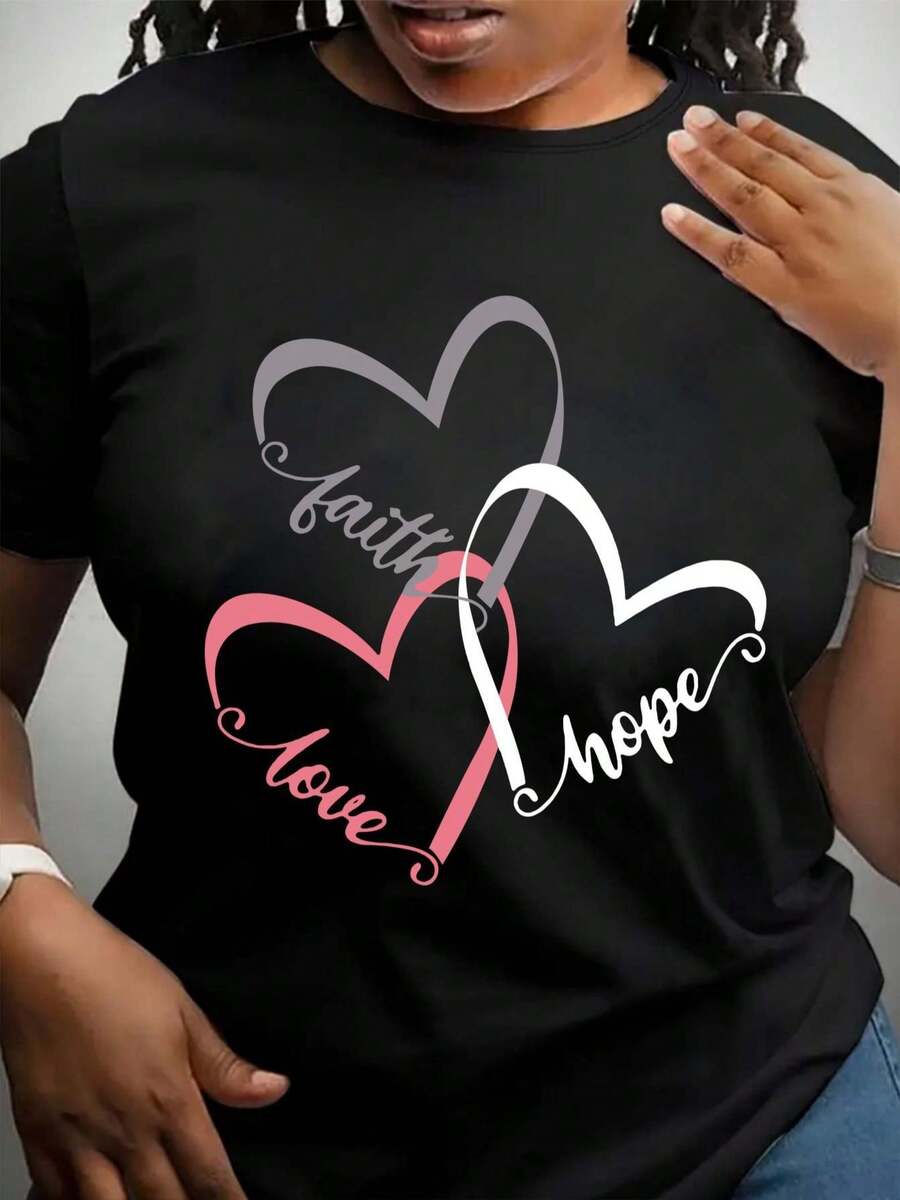 Women's Plus Size Faith Love Hope Inspirational Heart Print T-Shirt - Casual Short Sleeve Round Neck Summer Top, Machine Washable Black Tee With Pink & White Script Design - màu đen - Xem 1