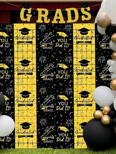 黑色和金色金属丝毕业典礼箔片流苏帘，2 包，3.3 英尺 x 6.6 英尺，毕业典礼背景幕布，带“毕业生”横幅，适用于毕业典礼派对装饰、毕业舞会派对用品