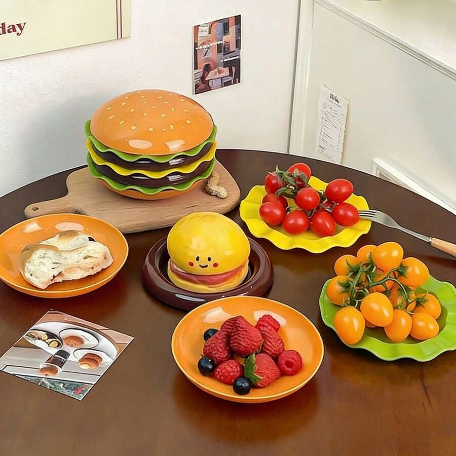 Bộ đồ ăn bằng nhựa hình xương hamburger mới, đĩa dễ thương, bát salad, đĩa tráng miệng, đĩa đựng gia vị hoạt hình. - Nhiều màu - Xem 1
