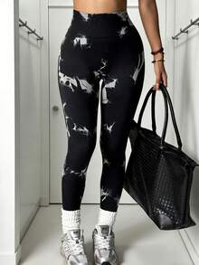 Quần yoga cạp cao dành cho nữ, quần legging tập thể dục ngoài trời, họa tiết nhuộm tie-dye đen. - màu đen - Xem 2