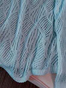 Women's V-Neck Hollow Rhombus Design Loose Knit Cover Up, Airy And Breathable For Beach/Resort Wear, Spring/Summer Vacation White - Light Blue - 查看 5