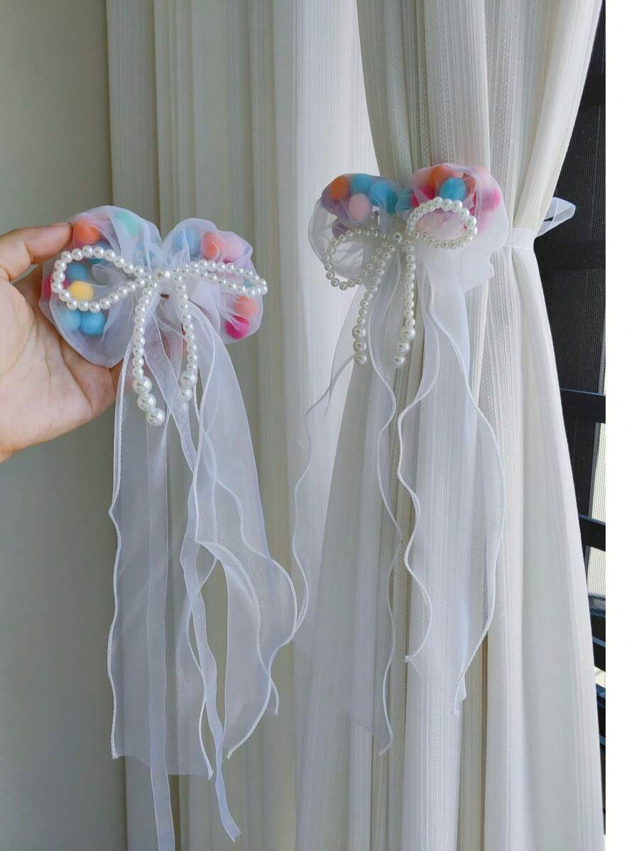 2个法式浪漫白色薄纱蝴蝶结窗帘绑带 - 泡泡紗 - 查看 1