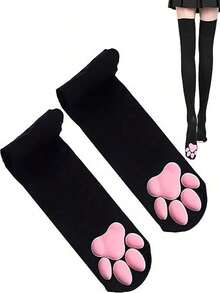 3D Cat Paw Over-The-Knee Socks, Cute Soft Toe Socks, Cat Paw Pads Socks, Suitable For Girls And Women Cosplay Outfits - màu đen - Xem 1