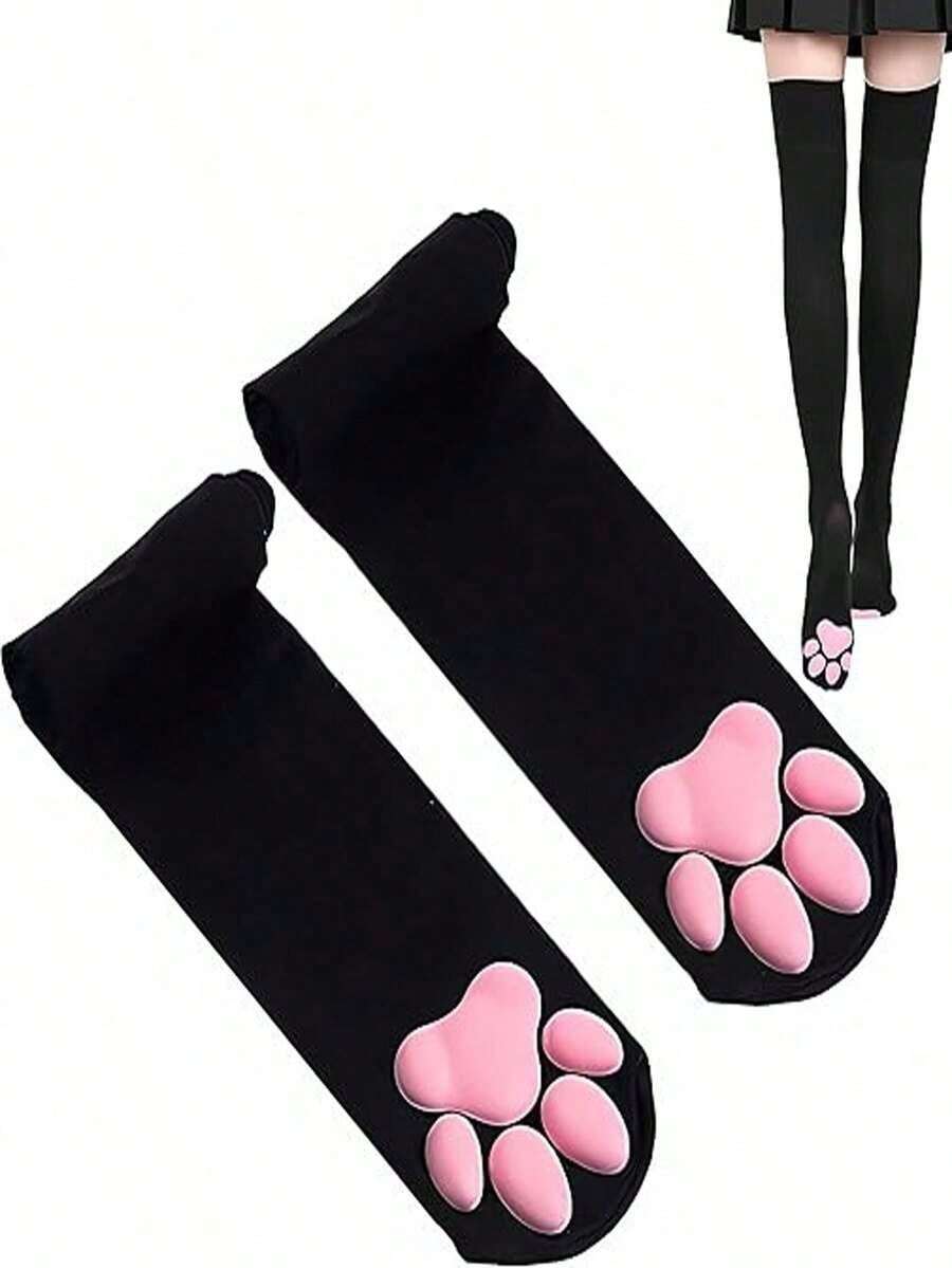 3D Cat Paw Over-The-Knee Socks, Cute Soft Toe Socks, Cat Paw Pads Socks, Suitable For Girls And Women Cosplay Outfits - màu đen - Xem 1