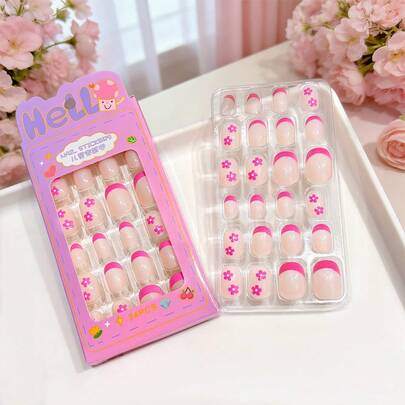 24 piezas Uñas postizas pequeñas para niños con diseño de flores en forma de corazón, uñas acrílicas falsas de cobertura completa y corta con forma ovalada, juegos de arte de uñas para niñas, decoraciones de uñas, regalos y suministros de uñas