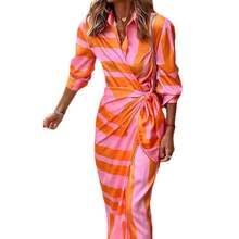 2026 European And American Women's Fashion New Product: Stylish Printed Shirt-Collar Tie-Waist Mid-Length Striped Dress - 15# - 查看 5