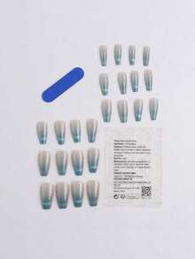 24pcs Long Blue Cat Eye False Nails With 1pc Jelly Gel And 1pc Nail File, Suitable For Women's Daily Wear - Mint Blue - View 2