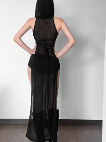 Áo tank top dài có mũ trùm đầu xẻ tà bên hông Kliou với chi tiết khoét hở, chất liệu vải dệt kim mỏng, dài, vạt áo bất đối xứng, chất liệu co giãn cao, kiểu dáng thường ngày. - màu đen - Xem 3
