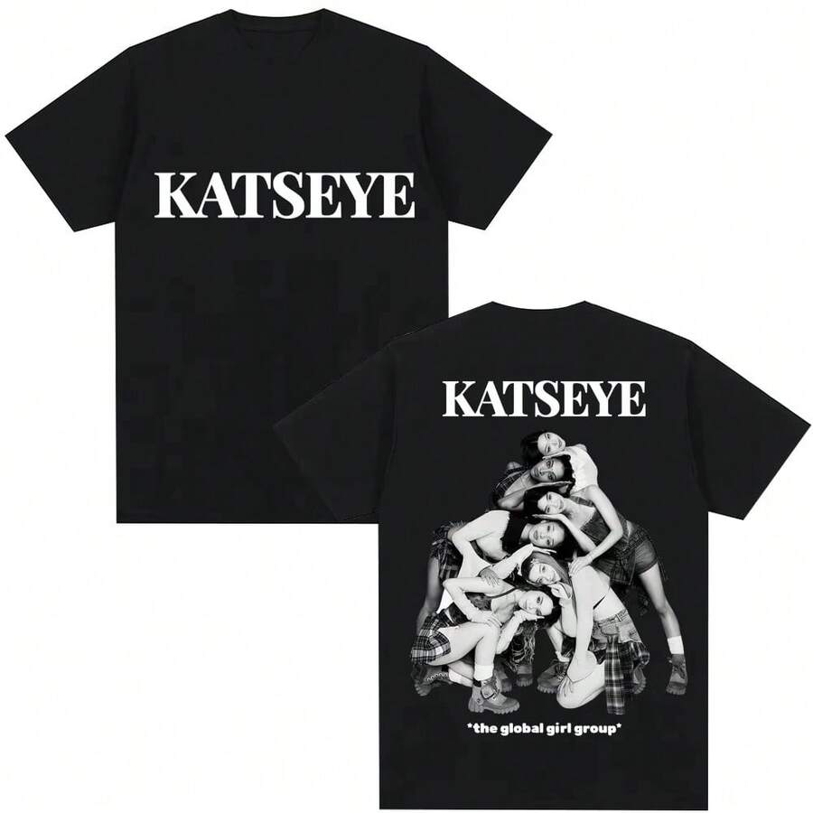 Kpop Group Katseye Graphic T-Shirts Retro Men Women Korean Vintage Short Sleeve Oversized Cotton Casual Fans Gifts TShirt - màu đen - Xem 1