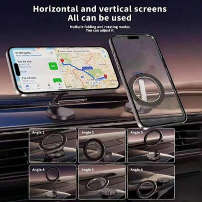 1080°可调节磁吸车载手机支架，适用于各种车型。可调节金属臂，采用航空级锌合金制成，磁力超强，适用于所有手机型号。