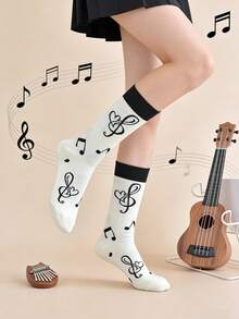 1/3/5双装女士混色音符图案优雅时尚柔软舒适中筒袜，适合春秋季穿着 - 彩色 - 查看 15