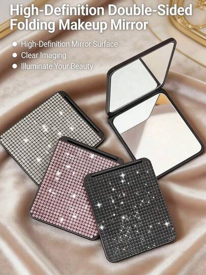 1pc Square Makeup Mirror, New Ins Style Creative Luxury Sparkling Diamond Portable Double-Sided Folding Lipstick Mirror, Compact Makeup Tool For Touch-Ups On The Go, Shiny Crystal Portable Folding Makeup Mirror With Square Design, Mini Handheld Mirror With Embedded Diamonds, Foldable Double-Sided Pocket Mirror, Available In Multiple Diamond Styles, Suitable As Valentine's Day Or Mother's Day Gift
