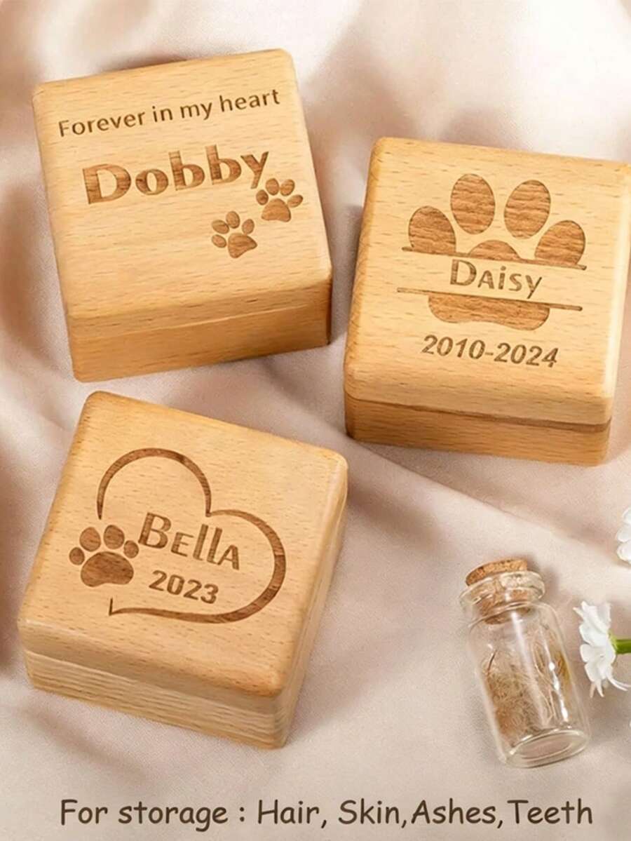 定制木质宠物毛发纪念盒:刻字宠物纪念礼品 - 彩色 - 查看 1