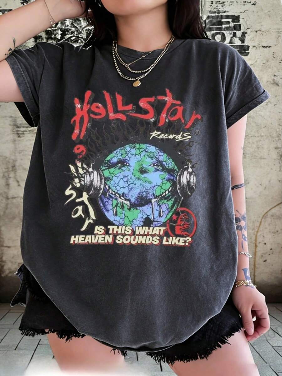 Hellstars Heaven Sound Graphic Retro Washed Print Round Neck Short Sleeve T-Shirt, 230g 100% Cotton T-Shirt, Summer Clothes, Women's Tops, Casual And Comfortable, Fashionable Graphic Tee, Unisex Style - Black - View 1