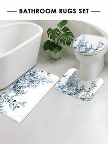 1/4 件套灰蓝色水彩桉树垂花图案浴帘浴室套装，波西米亚自然托斯卡纳风格浴帘，防水耐用，浴室装饰及配件，包含 12 个挂钩 - 马桶座套，浴垫和地毯，涤纶面料 - 可水洗 - 适合节日装饰、家居/卧室/住宅/西式/春夏装饰。 - 植物[13] - 查看 5