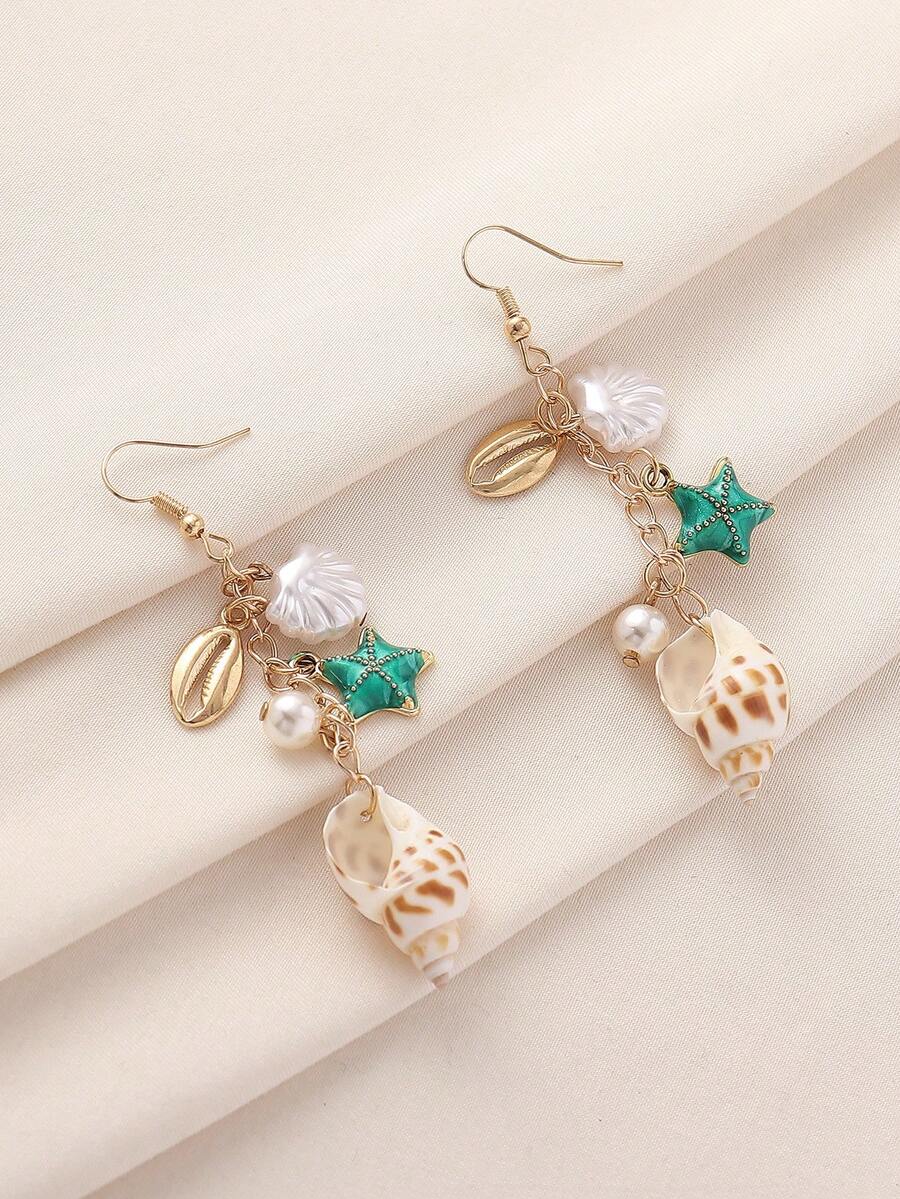 1 Par de Brincos com Borla de Corrente de Contas, Estrela do Mar e Pérola Falsa em Estilo Oceânico Natural, Adequado para Uso Casual em Férias na Praia Boho de Mulheres. O Tamanho, Formato e Cor da Concha Natural e do Búzio Variam ligeiramente. - Multicolorido - Visão 1