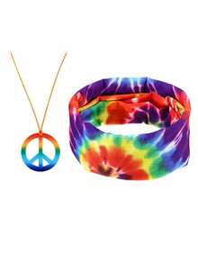 1 Bộ phụ kiện phong cách Hippie, trang phục in họa tiết da báo nhuộm tie-dye thập niên 1970, bộ trang phục Hippie, cosplay, đạo cụ trang phục lễ hội (vòng cổ, băng đô) - Nhiều màu - Xem 8