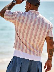 Men's Spring/Summer Fashion Textured Striped Elastic Knit Shirt, Casual Office Wear, Comfortable Vacation Top - Pink - View 2
