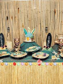 1 pièce Jupe de table en herbe hawaïenne jaune paille, jupe de table en herbe hawaïenne naturelle avec décoration de fête tropicale de fleurs d'hibiscus, jupe de table hawaïenne pour décoration de fête de jupe d'herbe tropicale, fête des mères, remise des diplômes - A - Voir 5