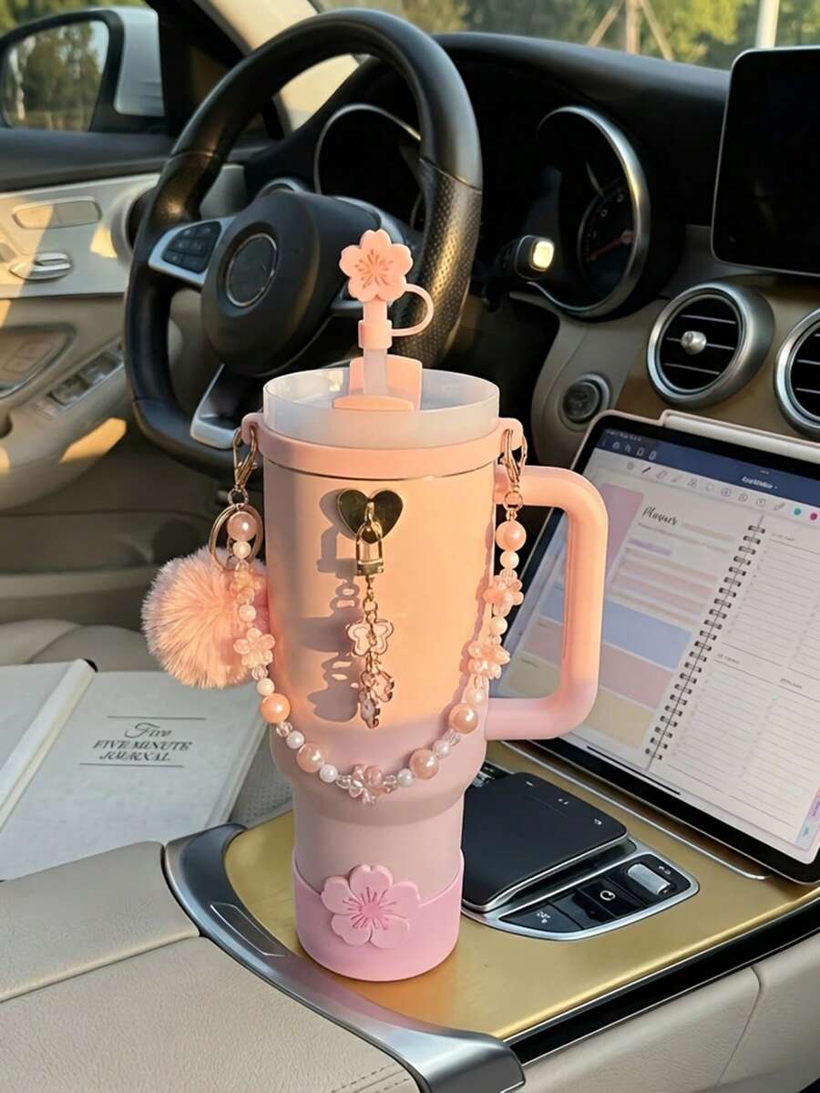 1件/1套 6件裝便攜水杯保溫杯配件裝飾套組，含吸管蓋、手鍊、毛球吊飾與花朵吊飾，適合30oz與40oz杯子，母親節節日禮物、返校用品裝飾