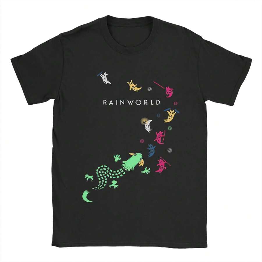 Rainworld  Game  Men T Shirt  Humor Tee Shirt Short Sleeve O Neck T-Shirts Pure Cotton Summer Clothes - 黑色 - 查看 1