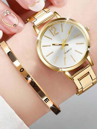 2PCS Light Luxury Gold Quartz Women's Watch Set Including LOVE Letter Metal Women's Bracelet, Alloy Strap, Simple Large Number Dial Women's Watch, Elegant And Professional Commuter Women's Watch, Brightening Gold Case Niche Design Women's Watch