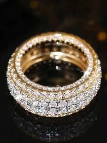 Nhẫn hình học hai lớp màu vàng lấp lánh thời trang, món quà trang sức dành cho phụ nữ đeo hàng ngày, đi làm hoặc dự tiệc. - Màu vàng - Xem 5