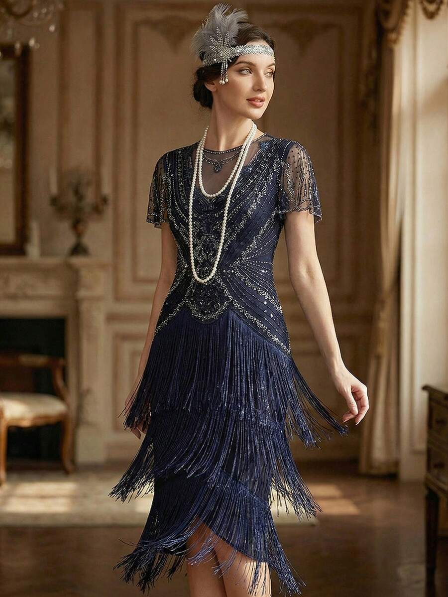 EVERPRETTY Đầm cocktail kiểu Flapper thập niên 1920 dành cho nữ mùa hè, đính cườm và tua rua, dáng midi, thích hợp cho tiệc tối, sự kiện cổ điển, dạ hội hoặc đám cưới. - Màu xanh hải quân - Xem 1
