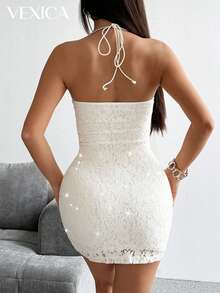 Vexica Women's Sexy Elegant Romantic White Sheer Lace Splice Deep V-Neck Tie Sequin Boned Bodycon Mini Dress, Suitable For Wedding Guest, Bridal Party And Summer Vacation - White - View 7