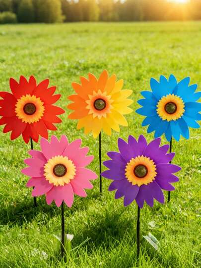 2/1 Stück bunte Sonnenblumen Windmühle, Windmühlen Design, geeignet für Außengarten und Hof Dekoration, Rasen Terrasse Dekoration, Frühlings-/Sommer-Dekoration, leuchtende Blumen Säule für Garten Party (zufällige Farbe wird versendet)