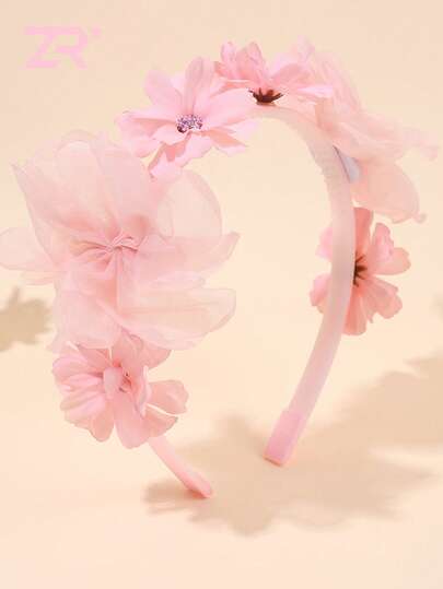 1pc Pink Floral Mesh Headband Super Fairy Party Hairband Flower Hair Band Women Hair Accessory For Wear