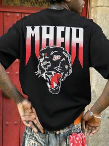 FRACTYR Men's Summer Casual Street Fashion Black & Red Tiger Graphic Double-Sided Loose Fit Round Neck Short Sleeve T-Shirt - Black - View 2