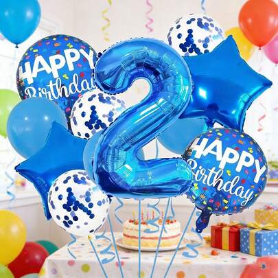 11件套生日派对气球套装，蓝色数字和星星铝箔气球，含丝带，适用于夏季和各种庆祝活动，适合男孩、女孩和儿童生日派对装饰。