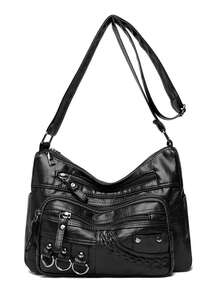 Women's PU Rivet Iron Ring Small Accessory Retro Gift Bag, Portable Versatile Large Capacity Crossbody Bag - Black - View 2