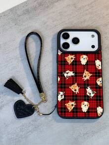 1pc Fashion New Black & Red Plaid Dog Pattern Litchi Texture Anti-Fall Anti-Slip Soft Phone Case + Heart Lanyard, Compatible With Apple, Phones - Multicolor - View 2