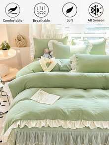 Bộ 1 vỏ chăn + 2 vỏ gối (không kèm ruột chăn), màu xanh bạc hà mềm mại và thoải mái, thiết kế tối giản với họa tiết xếp nếp, phù hợp cho phòng ngủ và phòng khách, có thể giặt máy, sử dụng được cả bốn mùa. - màu xanh lá - Xem 4